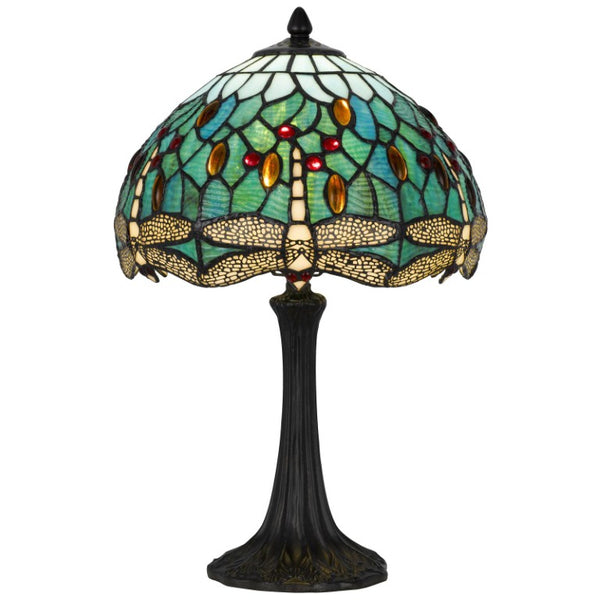 HomeRoots 20 Inch Tiffany Style Stained Glass Dragonfly Table Lamp with Bronze Dome Shade 752016