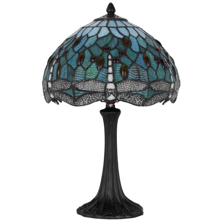 HomeRoots 20 Inch Tiffany Style Stained Glass Dragonfly Table Lamp with Bronze Dome Shade 752016