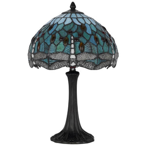 20 Inch Tiffany Style Stained Glass Dragonfly Table Lamp with Bronze Dome Shade