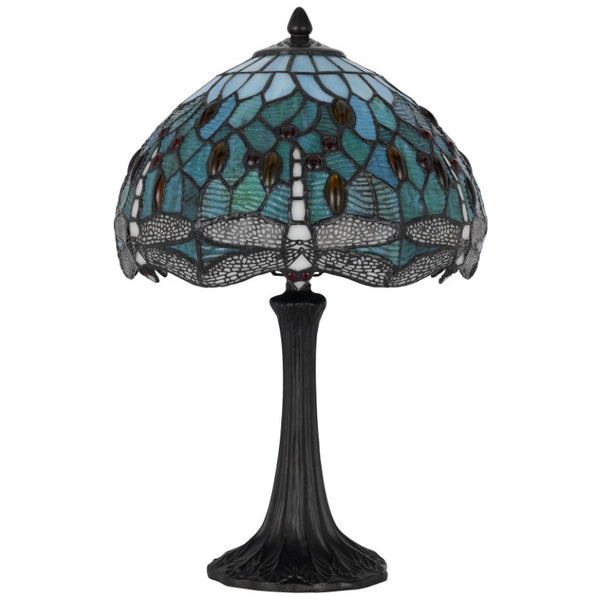 20 Inch Tiffany Style Stained Glass Dragonfly Table Lamp with Bronze Dome Shade