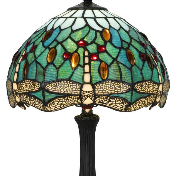 20 Inch Tiffany Style Stained Glass Dragonfly Table Lamp with Bronze Dome Shade
