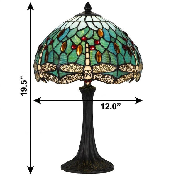 20 Inch Tiffany Style Stained Glass Dragonfly Table Lamp with Bronze Dome Shade
