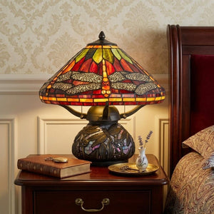 17 Inch Tiffany Style Stained Glass Dragonfly Table Lamp with Bronze Empire Shade
