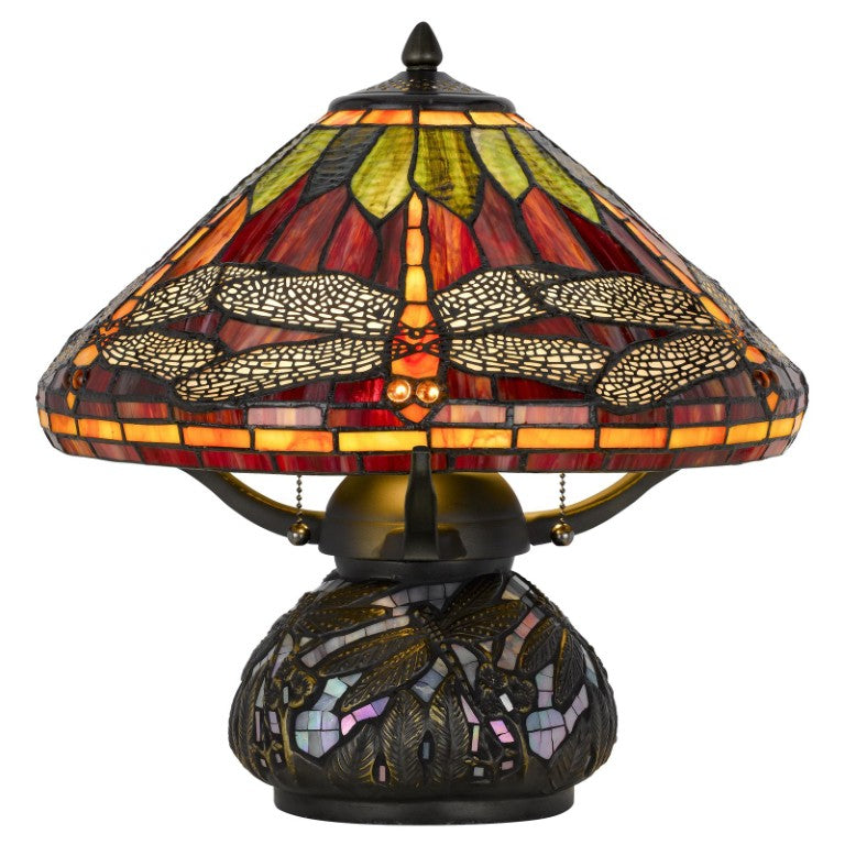 HomeRoots 17 Inch Tiffany Style Stained Glass Dragonfly Table Lamp with Bronze Empire Shade 752017