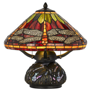 HomeRoots 17 Inch Tiffany Style Stained Glass Dragonfly Table Lamp with Bronze Empire Shade 752017