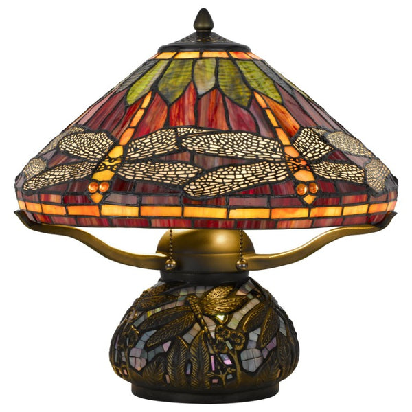 17 Inch Tiffany Style Stained Glass Dragonfly Table Lamp with Bronze Empire Shade
