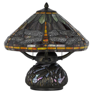 17 Inch Tiffany Style Stained Glass Dragonfly Table Lamp with Bronze Empire Shade