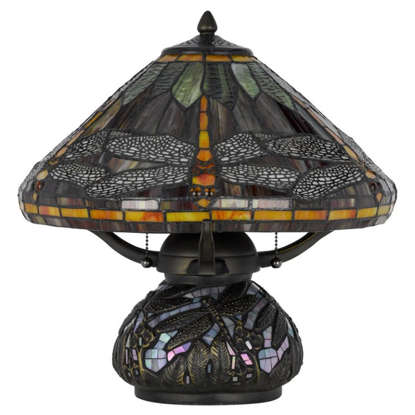 17 Inch Tiffany Style Stained Glass Dragonfly Table Lamp with Bronze Empire Shade