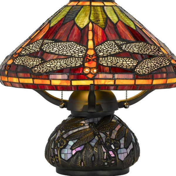 17 Inch Tiffany Style Stained Glass Dragonfly Table Lamp with Bronze Empire Shade