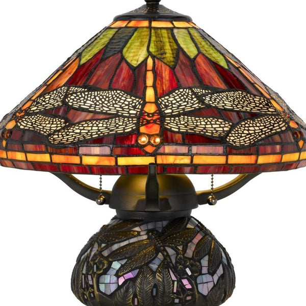 17 Inch Tiffany Style Stained Glass Dragonfly Table Lamp with Bronze Empire Shade