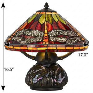 17 Inch Tiffany Style Stained Glass Dragonfly Table Lamp with Bronze Empire Shade