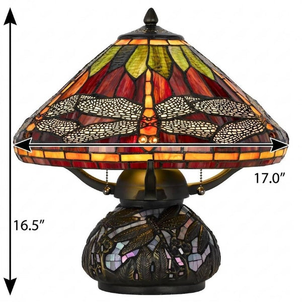 17 Inch Tiffany Style Stained Glass Dragonfly Table Lamp with Bronze Empire Shade