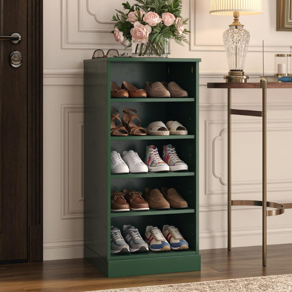 Green Ten Pair Solid Wood Shoe Cabinet Entryway Organizer with Sturdy Slatted Doors
