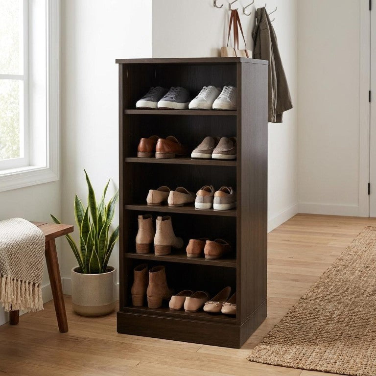 Espresso Solid Wood Shoe Cabinet Holds Ten Pairs Entryway Organizer Storage Unit