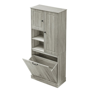 English Elm Tall Storage Cabinet with Flip-Out Basket, Adjustable Shelves & Aluminum Handles for Organized Living Oak N725P322739L
