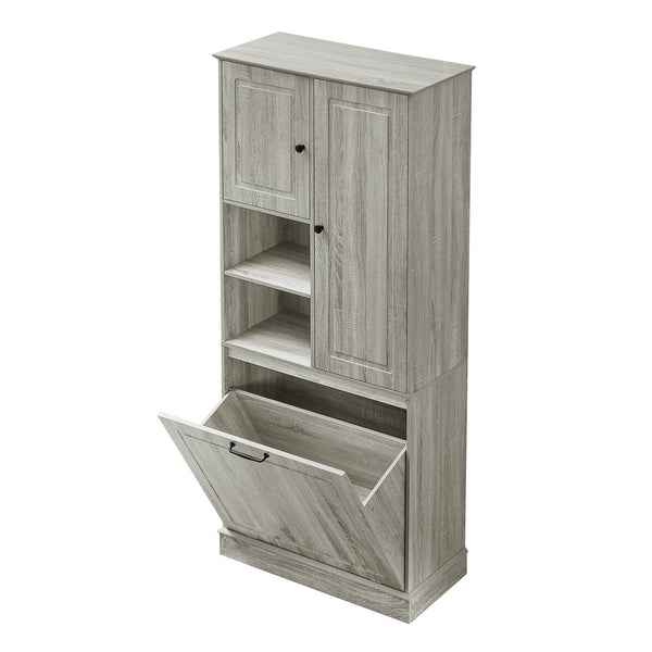 English Elm Tall Storage Cabinet with Flip-Out Basket, Adjustable Shelves & Aluminum Handles for Organized Living Oak N725P322739L