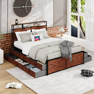 English Elm Queen Metal Platform Bed with 12 Storage Drawers Bookcase Headboard and Rgb Lighting W636S00010