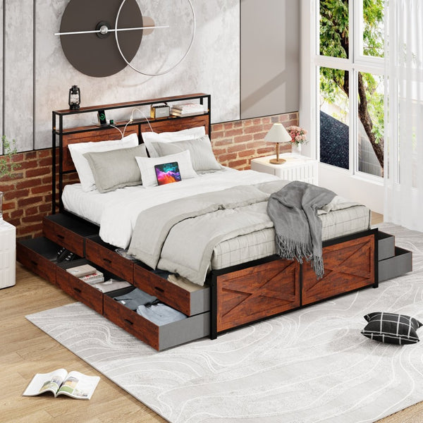 English Elm Queen Metal Platform Bed with 12 Storage Drawers Bookcase Headboard and Rgb Lighting W636S00010
