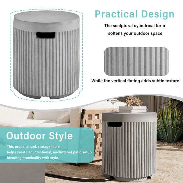 English Elm U_style Outdoor Mgo Propane Tank Cover Round Patio Side Table Fluted Stone Finish Gray N711P410569E