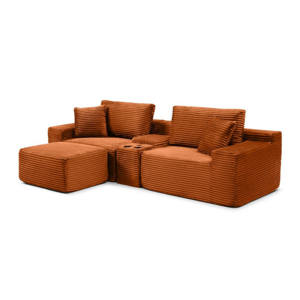 English Elm Modular Cloud Sectional Sofa with Corduroy Deep Seating Usb Ports and Storage Ottoman Orange W1117S00363