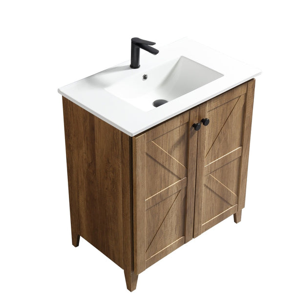 English Elm 30 Inch Floating Bathroom Vanity Fluted Wood Grain Front with Ceramic Integrated Sink Golden Oak W3520S00033