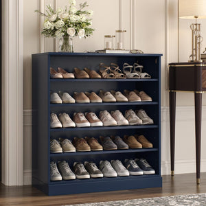 HomeRoots Navy Solid Wood Shoe Cabinet Organizer Storing Twenty Pairs in Entryway Style 752326