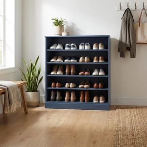 French Blue Solid Wood Shoe Cabinet with Twenty Pair Storage for Entryway Organizing