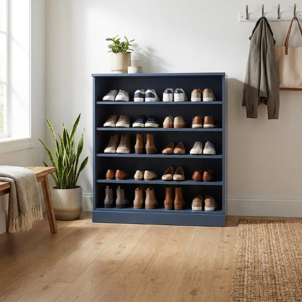 French Blue Solid Wood Shoe Cabinet with Twenty Pair Storage for Entryway Organizing
