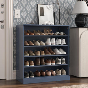 French Blue Solid Wood Shoe Cabinet with Twenty Pair Storage for Entryway Organizing