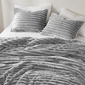JLA Home Intelligent Design - Fluffy Plush Ribbed Comforter Set with 300gsm Loft, Oeko‑Tex Certified, Ready‑to‑Use Cozy Layering Gray AM10-0278