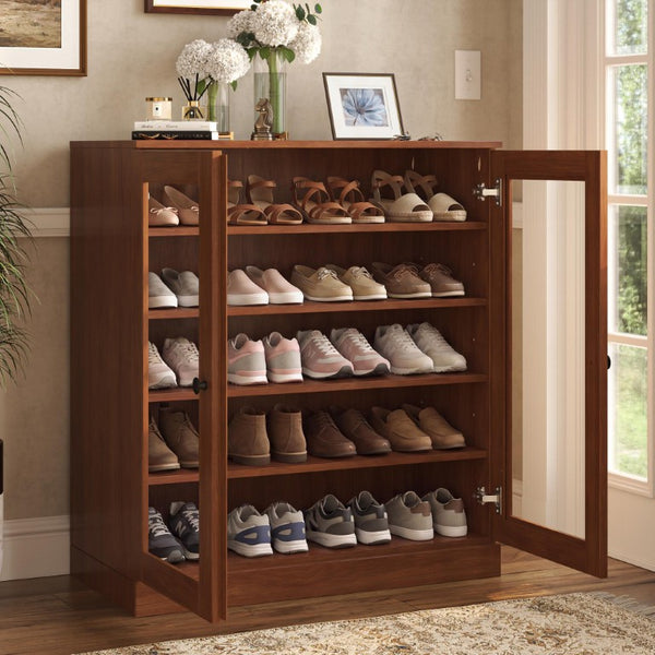 Coffee Solid Wood Shoe Cabinet Entryway Organizer with Ample Pair Storage Capacity