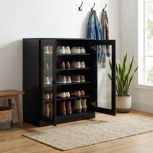 Black Solid Wood Shoe Cabinet Organizer with Twenty Pair Entryway Storage Unit