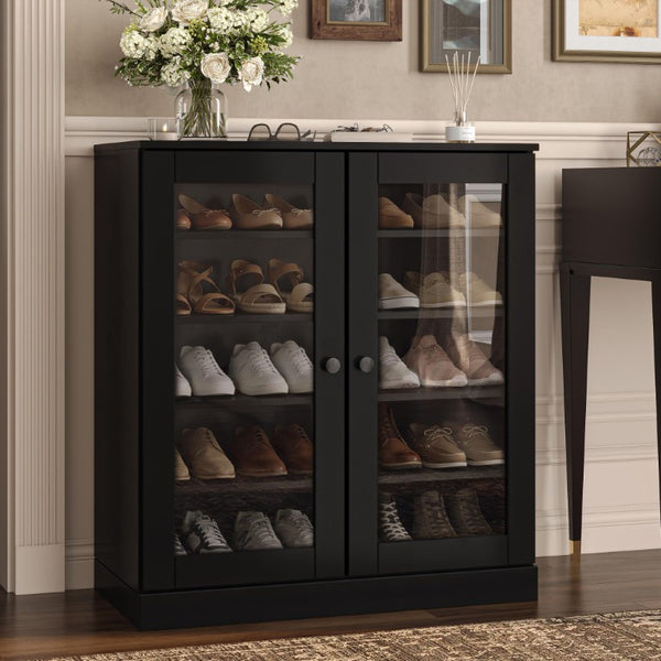 Black Solid Wood Shoe Cabinet Organizer with Twenty Pair Entryway Storage Unit