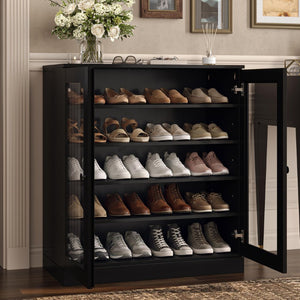 Black Solid Wood Shoe Cabinet Organizer with Twenty Pair Entryway Storage Unit