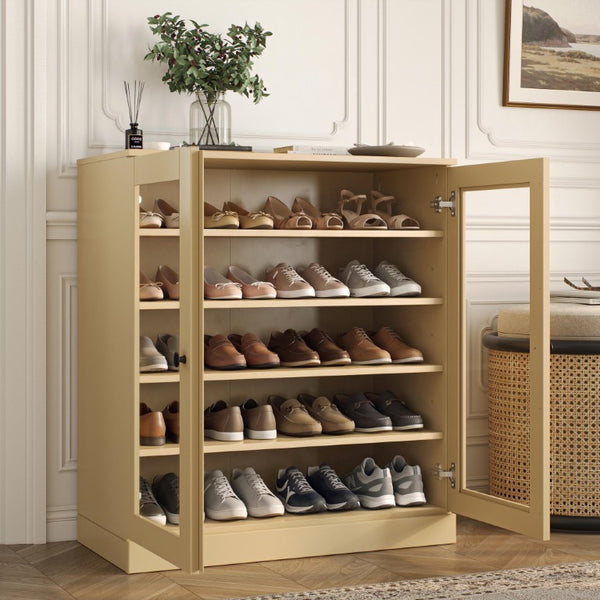 Yellow Twenty Pairs Solid Wood Entryway Shoe Organizer Cabinet with Sturdy Storage