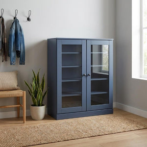 French Blue Solid Wood Shoe Cabinet Elegant Entryway Storage for Twenty Pairs