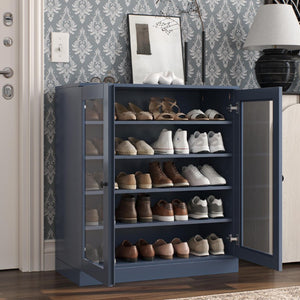 French Blue Solid Wood Shoe Cabinet Elegant Entryway Storage for Twenty Pairs