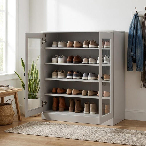 Off White Solid Wood Shoe Cabinet Entryway Organizer Holds up to Twenty Pairs