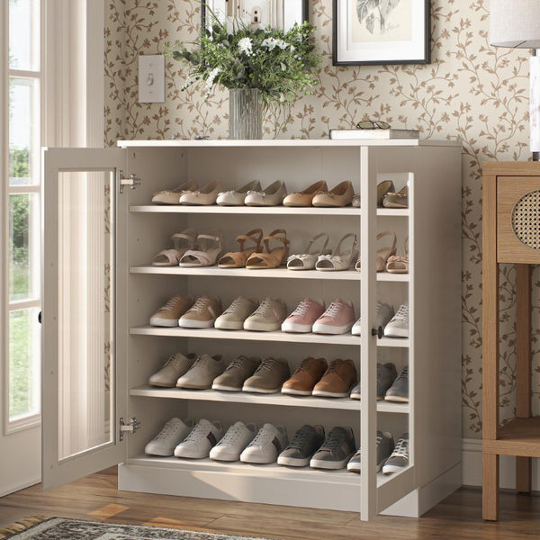 Off White Solid Wood Shoe Cabinet Entryway Organizer Holds up to Twenty Pairs