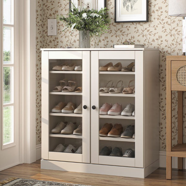 Off White Solid Wood Shoe Cabinet Entryway Organizer Holds up to Twenty Pairs