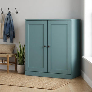 Aqua Solid Wood Shoe Cabinet Organizer with Space for Twenty Pairs Entryway