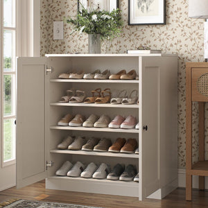 Off White Solid Wood Shoe Cabinet Entryway Organizer Holds Twenty Pairs Neatly