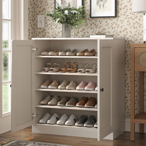 Off White Solid Wood Shoe Cabinet Entryway Organizer Holds Twenty Pairs Neatly