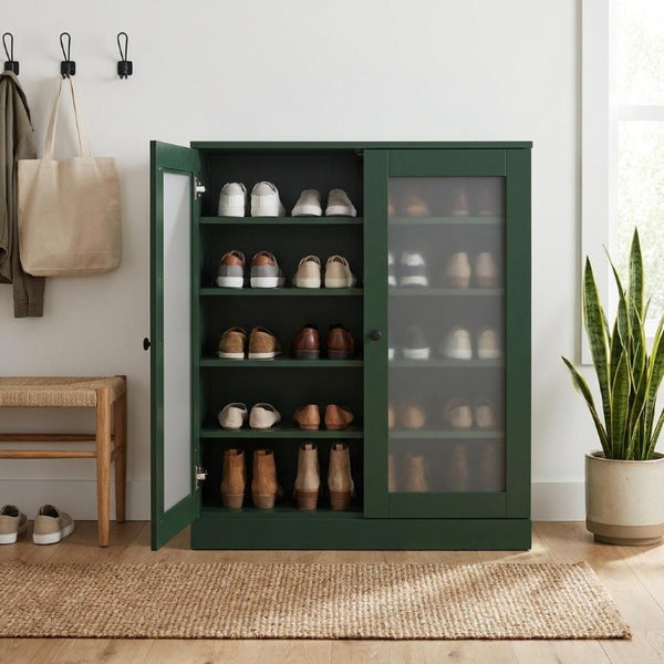 Green Twenty Pair Solid Wood Shoe Cabinet Entryway Organizer with Sturdy Storage
