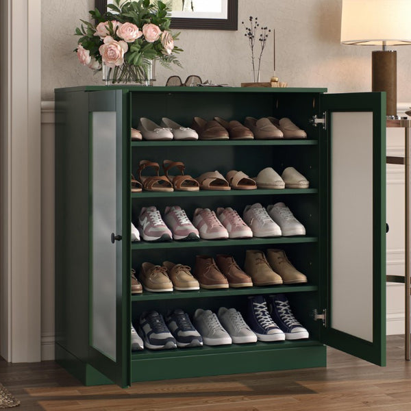 Green Twenty Pair Solid Wood Shoe Cabinet Entryway Organizer with Sturdy Storage