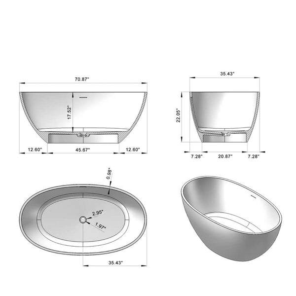 English Elm 71 Inch Freestanding Stone Resin Soaking Tub Oval Spa Bath Matte White Finish W3034P278635