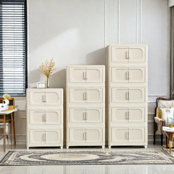 English Elm Cream 4-Tier Folding Storage Cabinet On Wheels – Versatile, Collapsible & Durable Organization Solution W2873P239387