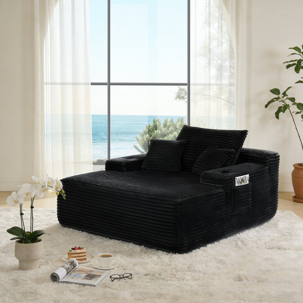 English Elm New Convertible Corduroy Chaise Lounge Sleeper with Cup Holder and Throw Pillows W3975P479027