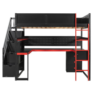 English Elm Full Size Gaming Loft Bed with Led Lighting Desk Shelves and Usb Charging Ports N820S00071J