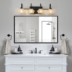 English Elm 23" Retro 4-Light Vanity Light Fixture Black Iron with Crystal Glass Shades Wall-Mount Hardwired Elegant Illumination for Bathroom Dressing Room W2312P374818